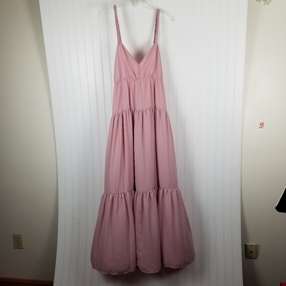 Lulus Sunshine Bound Mauve Pink Tiered Maxi Dress V Neck Adjustable Size Large - Picture 3 of 16